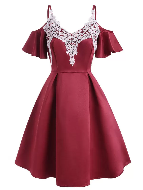 Guipure Lace Applique Butterfly Sleeve Open Shoulder Dress