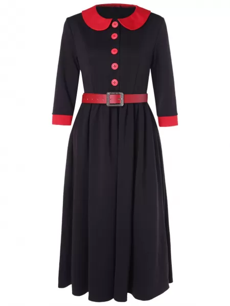 Half Button Peter Pan Collar Contrast Color Vintage Dress