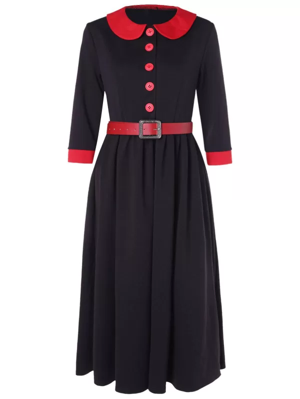 Half Button Peter Pan Collar Contrast Color Vintage Dress