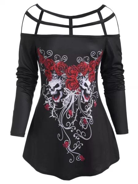 Halloween Caged Cutout Floral Skull Print Long Sleeve Top