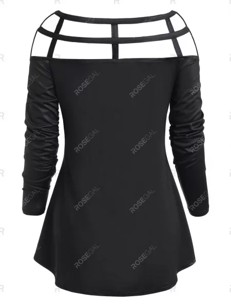 Halloween Caged Cutout Floral Skull Print Long Sleeve Top