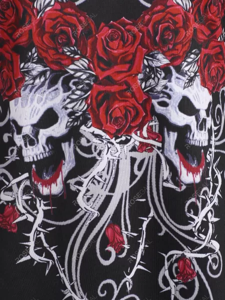 Halloween Caged Cutout Floral Skull Print Long Sleeve Top