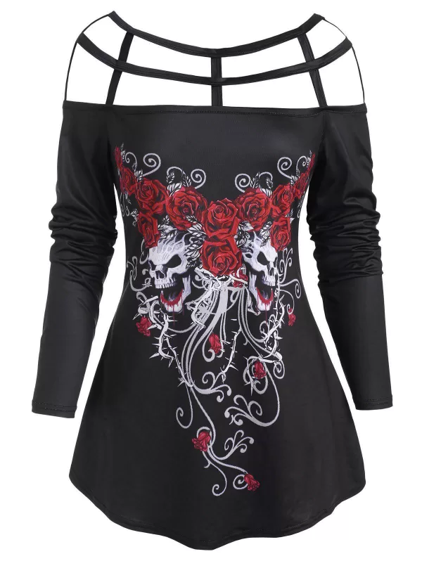 Halloween Caged Cutout Floral Skull Print Long Sleeve Top