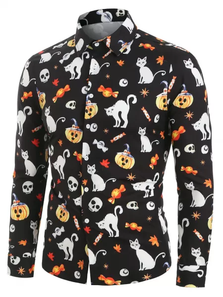 Halloween Pumpkin And Cat Print Button Up Long Sleeve Shirt