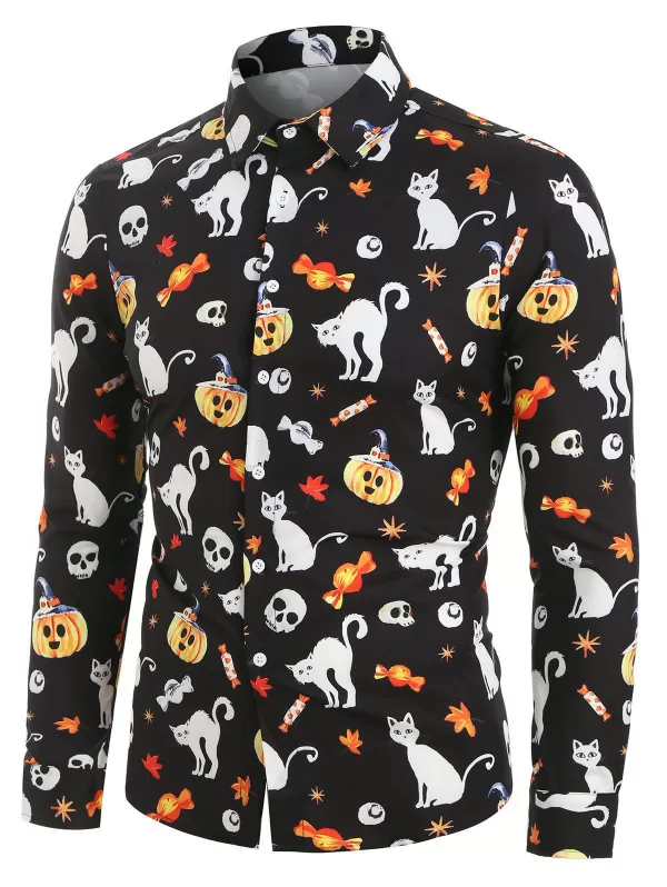 Halloween Pumpkin And Cat Print Button Up Long Sleeve Shirt