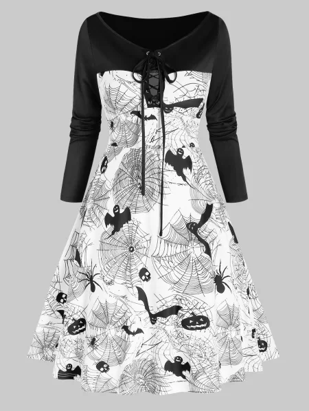 Halloween Pumpkin Bat Spider Web Print Lace-up Dress