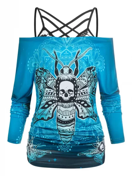 Halloween Skull Butterfly Print Off The Shoulder Tee And Lace Strappy Camisole