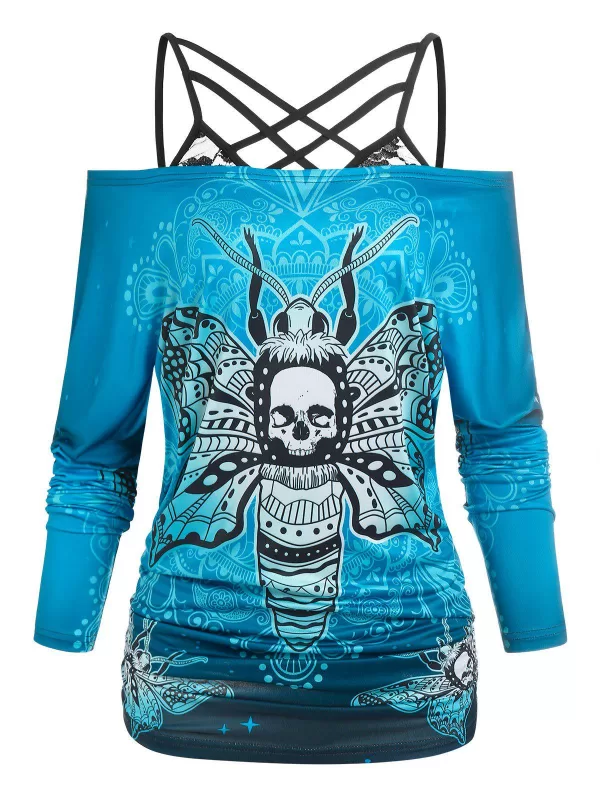 Halloween Skull Butterfly Print Off The Shoulder Tee And Lace Strappy Camisole