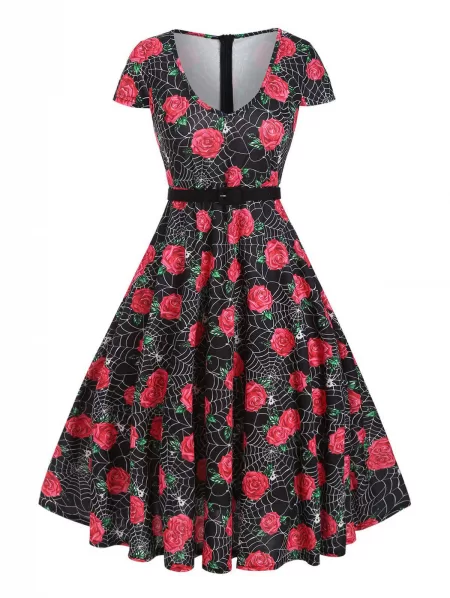 Halloween Spider Web Rose Print Belted Dress