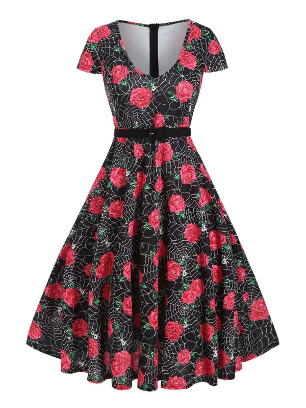 Halloween Spider Web Rose Print Belted Dress