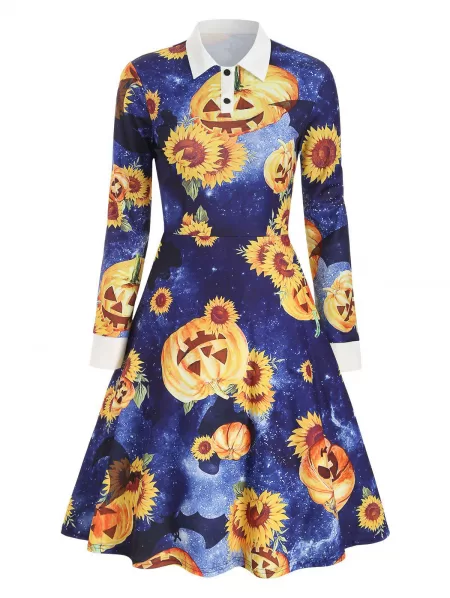 Halloween Sunflower Pumpkin Print Long Sleeve Dress
