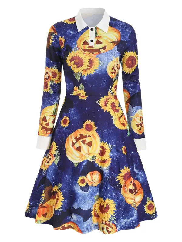 Halloween Sunflower Pumpkin Print Long Sleeve Dress