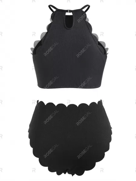 High Neck Ribbed Scalloped Butterfly Print Tankini Swimwear