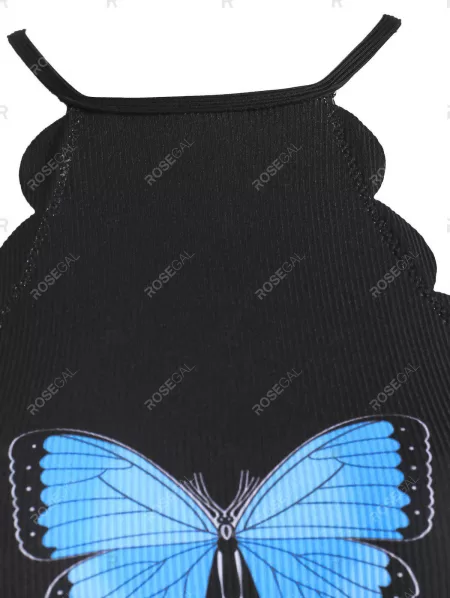 High Neck Ribbed Scalloped Butterfly Print Tankini Swimwear