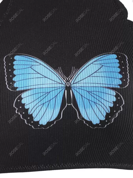 High Neck Ribbed Scalloped Butterfly Print Tankini Swimwear