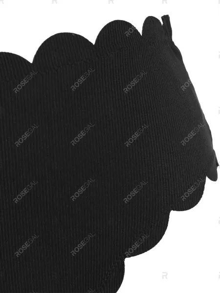 High Neck Ribbed Scalloped Butterfly Print Tankini Swimwear