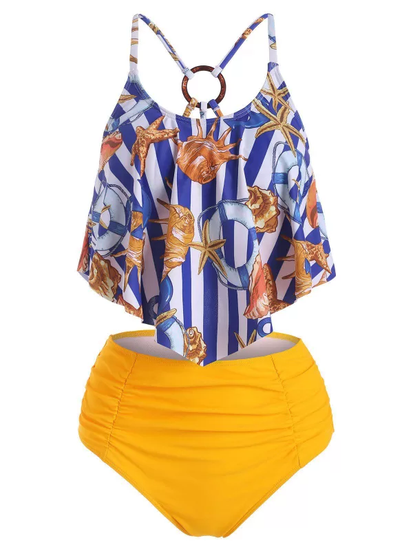 High Waisted Starfish Shell Print Striped Tankini Swimwear
