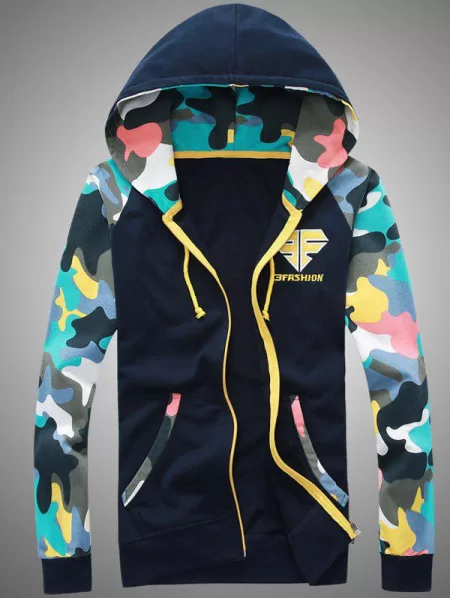 Hooded Camouflage Splicing Embroidered Zip-up Hoodie