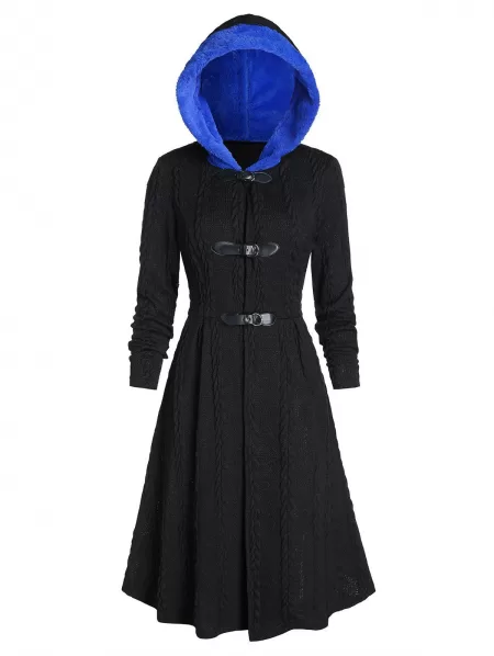 Hooded Faux Fur Buckle Cable Knit Long Coat