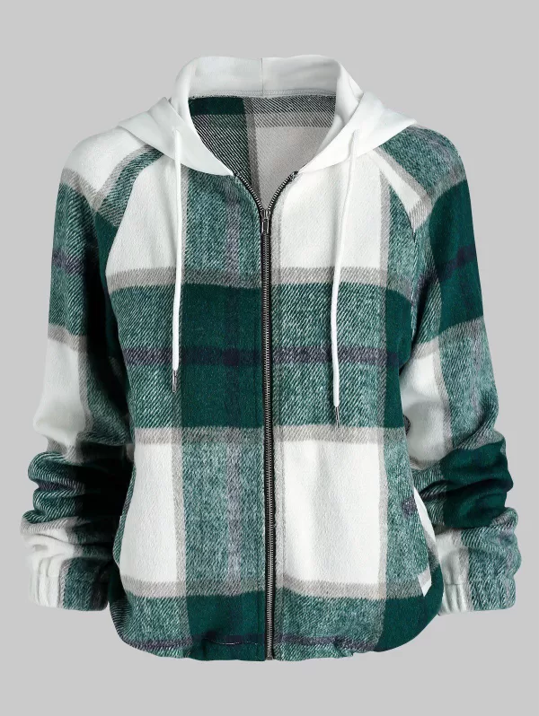 Hooded Plaid Pattern Wool Blend Jacket