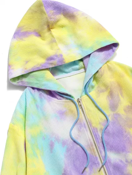 Hooded Tie Dye Pattern Zip Corduroy Jacket