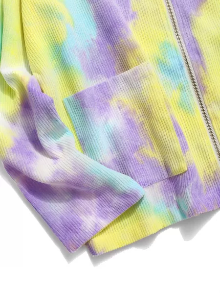 Hooded Tie Dye Pattern Zip Corduroy Jacket