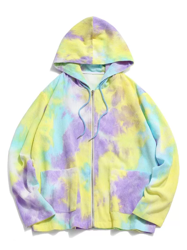 Hooded Tie Dye Pattern Zip Corduroy Jacket