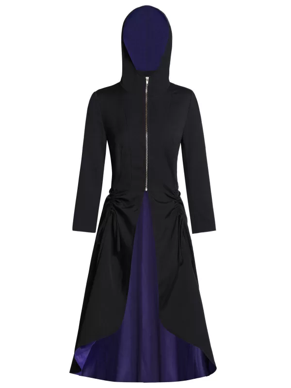 Hooded Zip Front Lace Up Two Tone Halloween Coat