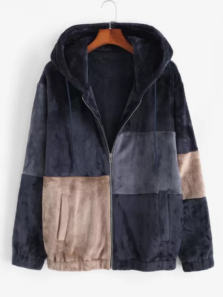 Hooded Zip Up Contrast Fluffy Jacket
