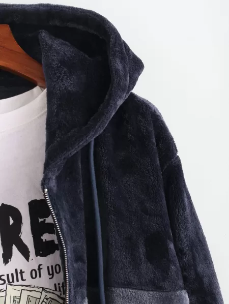 Hooded Zip Up Contrast Fluffy Jacket