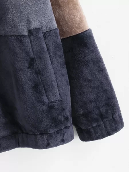 Hooded Zip Up Contrast Fluffy Jacket