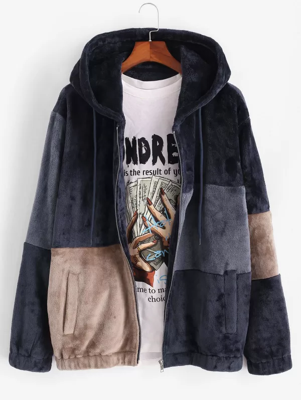 Hooded Zip Up Contrast Fluffy Jacket
