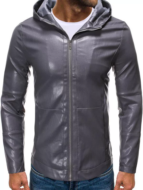 Hooded Zip Up Faux Leather Jacket