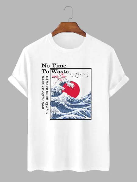 Japanese Character Sea Wave Printed Graphic Casual T-shirt