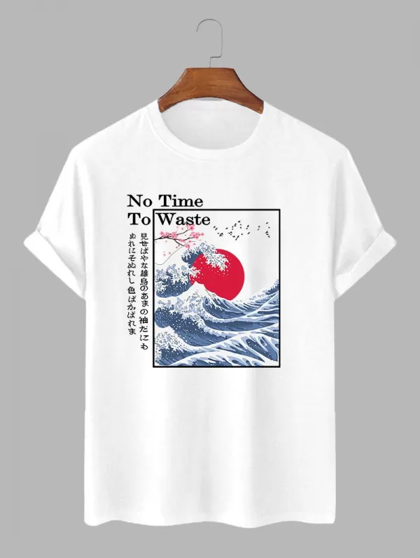 Japanese Character Sea Wave Printed Graphic Casual T-shirt