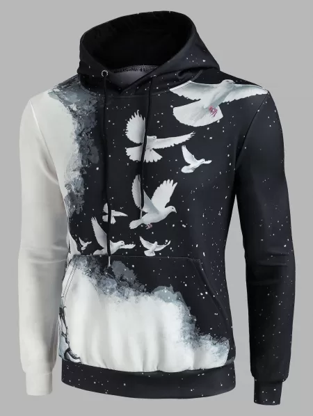 Kangaroo Pocket Astronaut Pigeon Print Hoodie