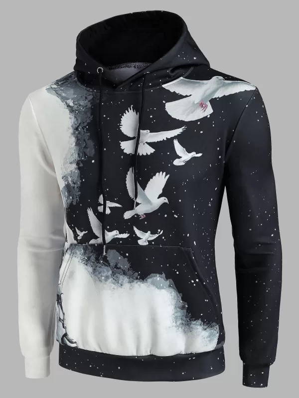 Kangaroo Pocket Astronaut Pigeon Print Hoodie