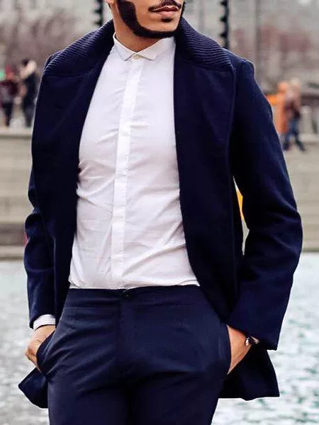 Knitted Lapel Pu Leather Spliced Multi-button Slimming Long Sleeves Men's Woolen Blend Thicken Peacoat