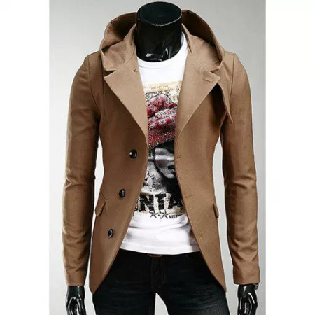 Korean Hooded Single-breasted Long Sleeves Polyester Coat For Men