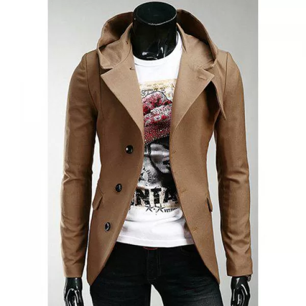 Korean Hooded Single-breasted Long Sleeves Polyester Coat For Men