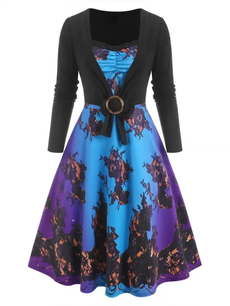 Lace Insert 3d Print Ombre Dress With O Ring T Shirt