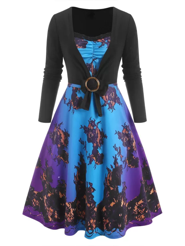 Lace Insert 3d Print Ombre Dress With O Ring T Shirt