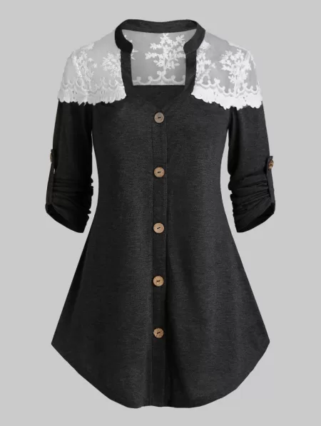 Lace Insert Button Up Heathered T-shirt