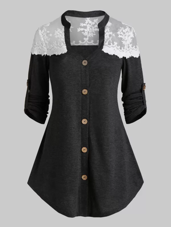 Lace Insert Button Up Heathered T-shirt