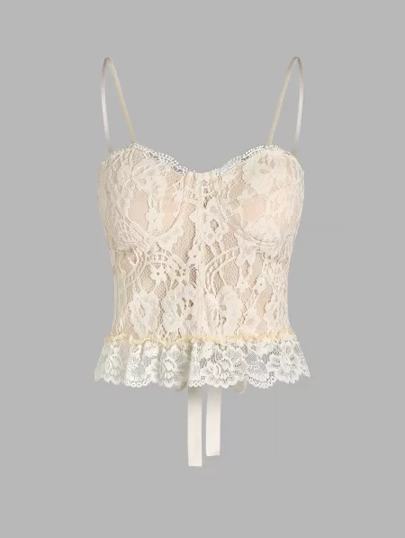 Lace Overlay Padded Lace Up Crop Camisole