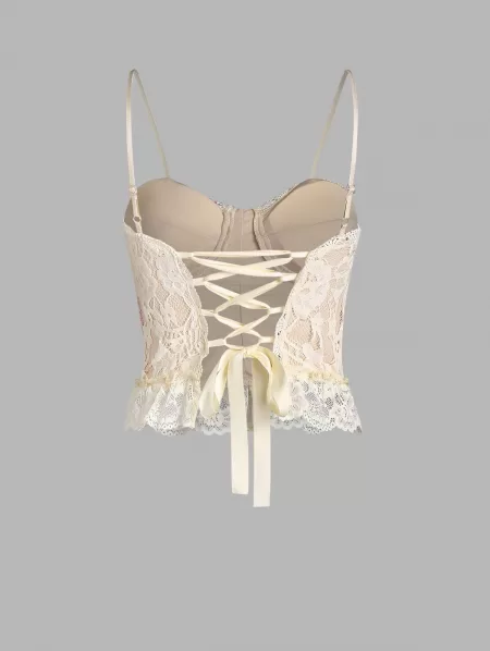 Lace Overlay Padded Lace Up Crop Camisole