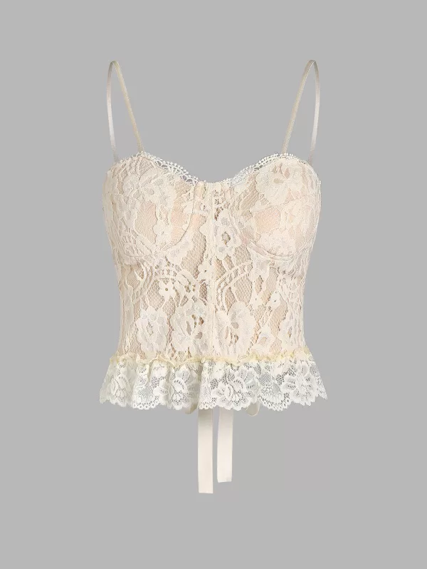 Lace Overlay Padded Lace Up Crop Camisole