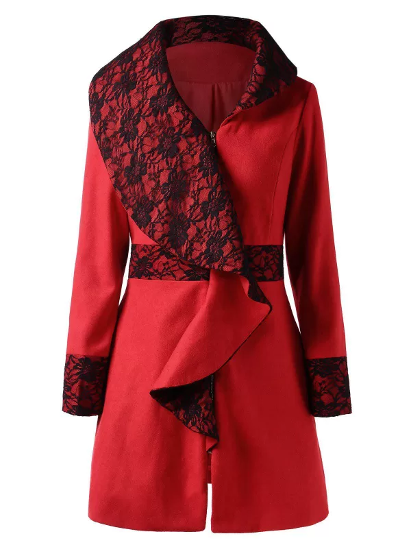 Lace Panel Cascading Ruffled Wool Coat