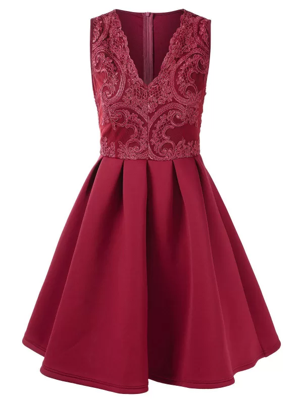 Lace Panel High Waisted Sleeveless Flare Dress
