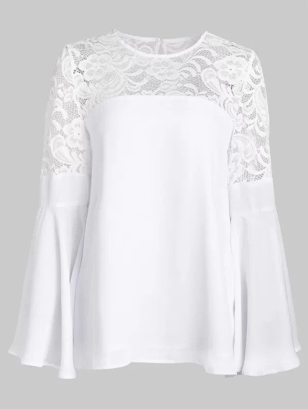 Lace Panel Trumpet Sleeve Tunic Blouse